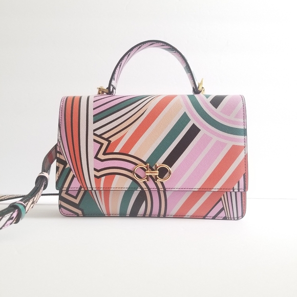 FERRAGAMO Striped Leather Top Handle Crossbody Bag Multi - Picture 8 of 14